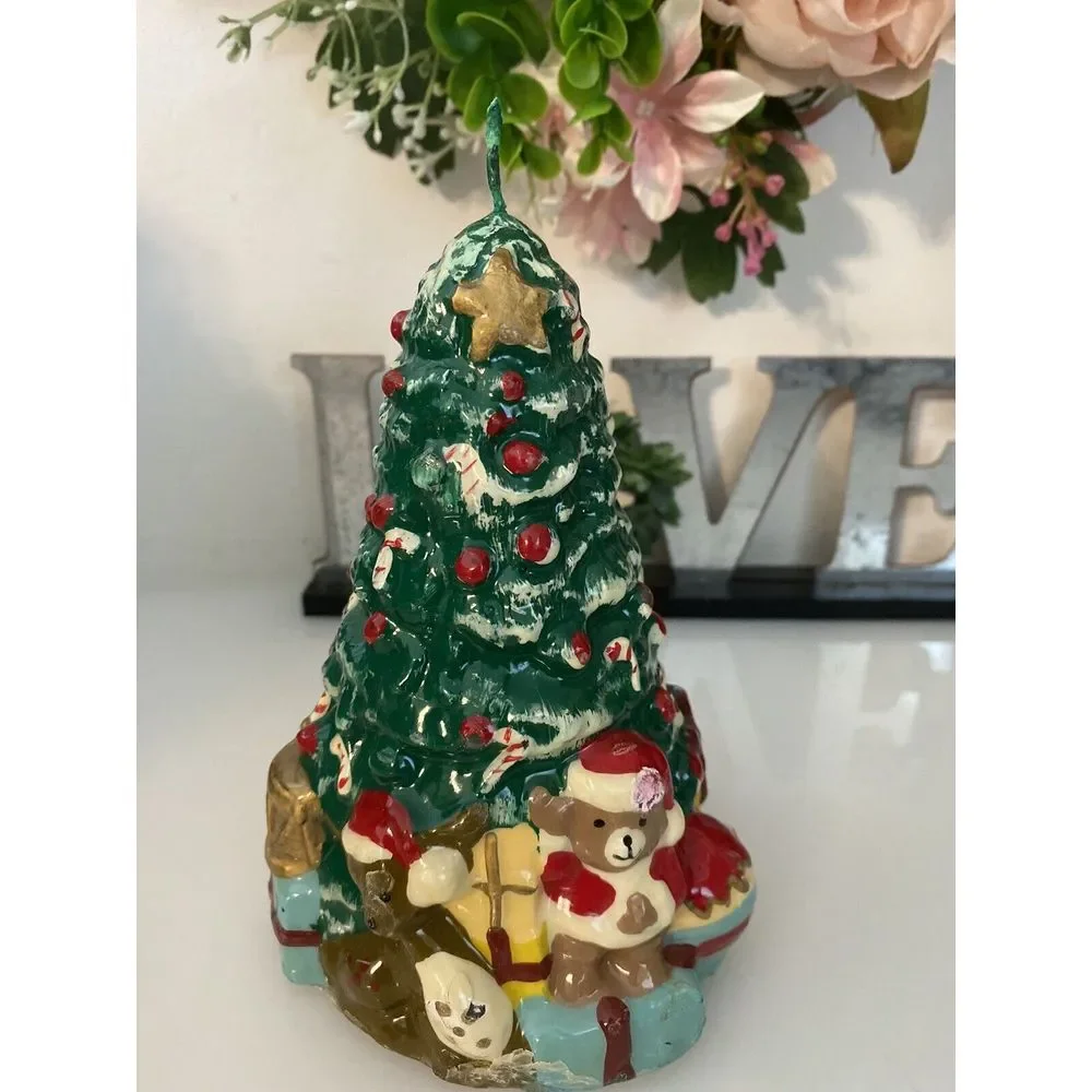 Christmas Tree with Toys & Presents Wax Candle Vintage 1960's Holiday Gift‎ EUC